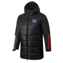 Hamburger SV Parkas de plumón para hombre, abrigo con capucha para antes del partido, abrigo de algodón para invierno, cremallera completa, sudadera cálida para deportes de ocio al aire libre