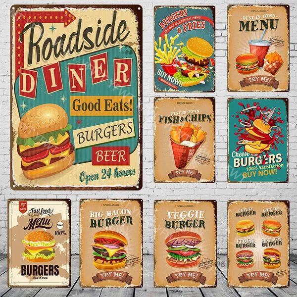 Hamburger Tin Signs Fast Food Plaque Metal Vintage Burger Metal Signs Restaurant Wall Decor for Kitchen Cafe Bar Diner Food Menu Iron Painting Art Girt for Kids w01