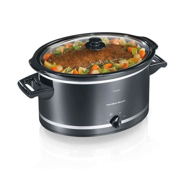 Hamilton Beach Ragoût lent avec 3 réglages de cuisson, casserole et verre en céramique lavable au lave-vaisselle, plateau à couvercle intégré de 8 litres, noir