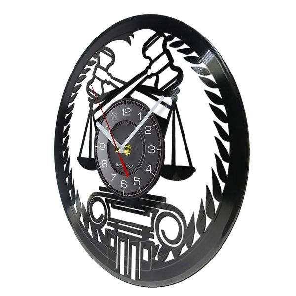 Hammer Scale of Justice Laser Cut LongPlay Wall Clock Jugicial Court Law School Avocat Wall Watch with LED Backlight illustres