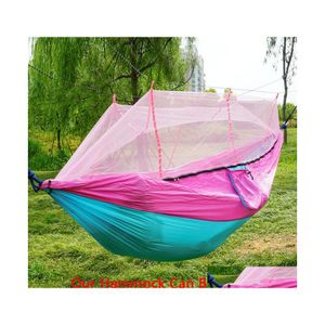 Hammocks 260X140Cm Mosquito Net Hammock Outdoor Parachute Cloth Field Cam Tent Garden Swing Hanging Bed With Rope Hook Drop Delivery Dhtve