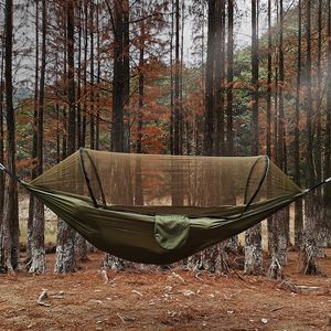 Hammocks Automatic Quick-opening Mosquito Net Hammock Outdoor Camping Pole Hammock swing Anti-rollover Nylon Rocking Chair 260x140cm 230307