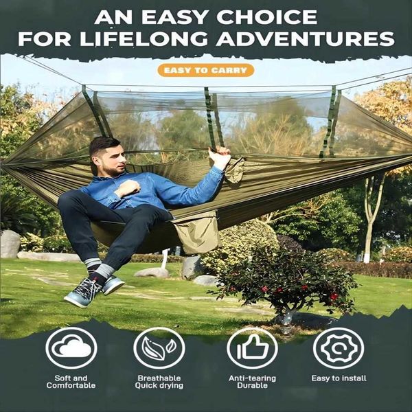 Hamacs Portable Outdoor Camping Leisure Double Mosquito Net Hammocks Garden Travel Tourist Nature Randonnée Sleeping Hanging Hammock Swing