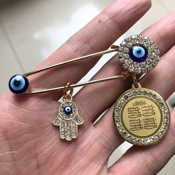 Hamsa mano de Fátima cuatro Qul suras turco mal de ojo bebé Pin broche de acero inoxidable joyería musulmana islámica