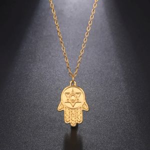 Collier avec pendentif main étoile de David Hamsa pour femmes, couleur or jaune 14 carats, amulette, chaîne ras du cou, bijoux juifs israéliens