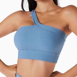 HAMYNANA Sexy Halter Sportbeha Een Schouder Sport Bras Voor Vrouwen Geribbelde Yoga Padded Top Gym Workout Draadloze Fitness tank Tops T220725