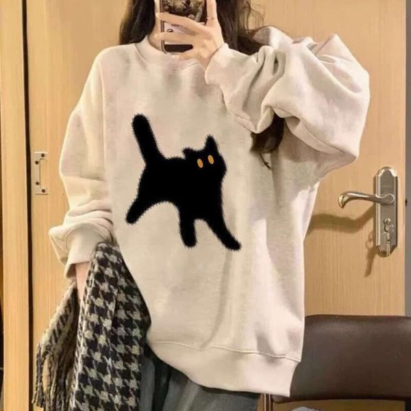 Han Fan-suéter elegante con diseño de gato de dibujos animados para mujer, jersey de cuello redondo, fino, holgado, informal, de longitud media y grande, para primavera y otoño