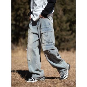 Han Lu – vieux jean délavé américain multi-poches pour hommes, pantalon de travail droit et ample