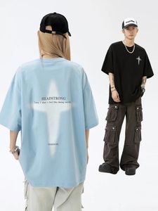 Han Lu Mens Draag American High Street T-shirt met korte mouwen dezelfde stijl mannen en vrouwen zomerpaar los katoen trendy merk 240328