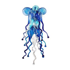 Lámpara de araña de vidrio soplado a mano, pequeña, mini, linda, de color azul, luces colgantes, cadena de arte decorativa, accesorio de iluminación de cocina colgante LED, 20 por 50 cm