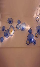 Lampe en verre soufflé à la main Chihuly Murano, décoration murale, plaques de fleurs d'art, couleur bleu ambre, petite scène montée 10 à 16 pouces 1047080