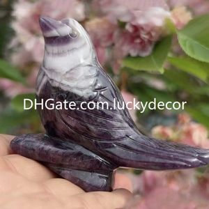 Tallado a mano Sueño Chevron Amatista Pájaro Escultura Arte Espiritual Mineral Piedra Gorriones Estatuilla Natural Cuarzo Cristal Piedra preciosa Animal Estatua Regalo para ella y niños