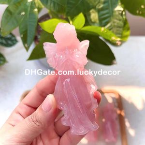 Figurine d'ange en quartz rose sculptée à la main, décoration de guérison, belle petite pierre de cristal de roche rose naturelle, statue de fille en prière, cadeau métaphysique pour l'amour et l'harmonie