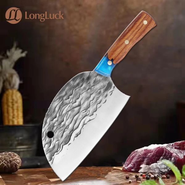 Couteau de cuisine forgé à la main 5Cr15Mov, couperet à viande japonais en acier à haute teneur en carbone, couteau de Chef, couteau de boucher complet, manche en résine bleue