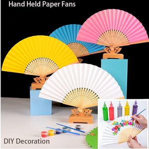 Hand vastgehouden papieren fans bamboe vouwen fans multicolor handheld fan Japanse Chinese fan voor doe -het -zelf decoratie bruiloft dansende feest zomer