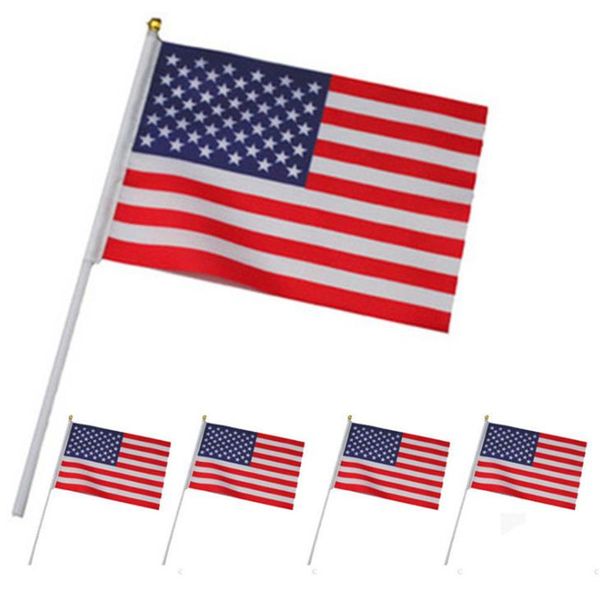 Drapeaux à main sur bâton en bois, en Polyester, drapeau américain et américain, étoiles à rayures, fournitures de fête de Festival, expédition rapide