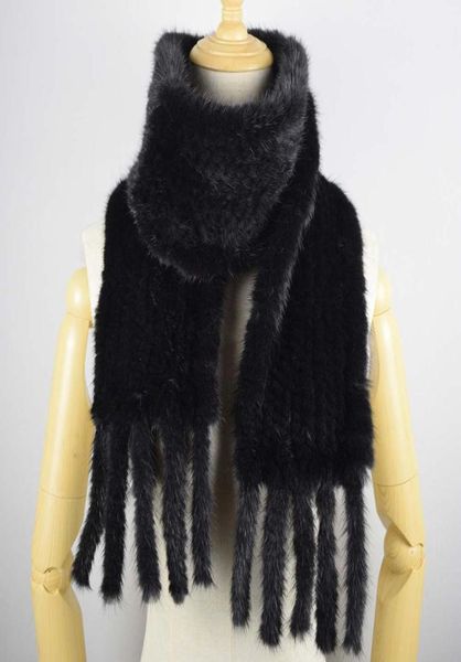 Bufanda de pelo de visón tejida a mano, calentador de cuello de pelo de visón auténtico para mujer, bufanda de piel auténtica a la moda con flecos 8690012