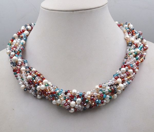 Collier de perles d'eau douce en verre multicolore noué à la main, 10 rangées de 3x4mm, préparé à la main