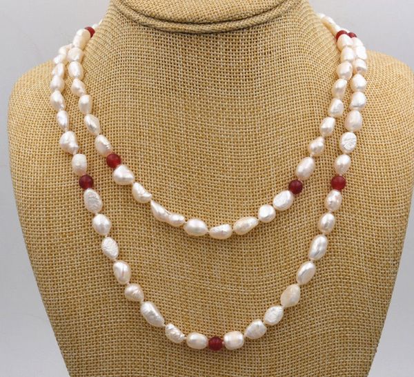 Hand noué beau 8 à 9 mm Aquaculture d'eau douce Baroque Pearle Red Jade Jewelry Collier 36 