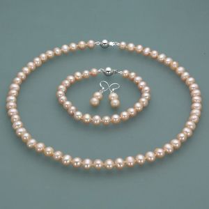 Charmant 7-8mm roze natuurlijke vers water gekweekte parel ketting 45-19 cm armband oorbellen set mode-sieraden