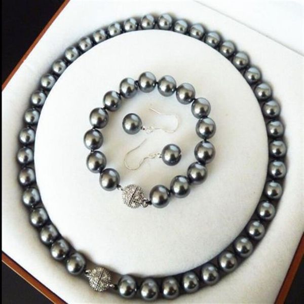 Magnifique collier de perles de coquillage noir de 8mm, noué à la main, bracelet de 45cm, ensemble de boucles d'oreilles de 19cm, lot de 2 bijoux à la mode, 245v