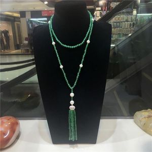 Hand geknoopt Long Natural Green Jade White Freshwater Pearl Micro Inlay Zirkon Clasp Tassel Necklace Fashion Jewelry246i