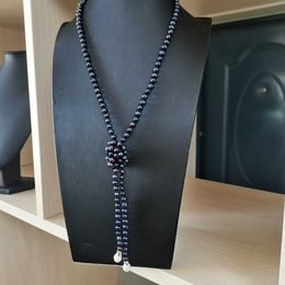 Collier de perles d'eau douce naturelles nouées à la main, 100cm de long, 6-7mm, forme ronde, noir, rose, violet, bijoux à la mode