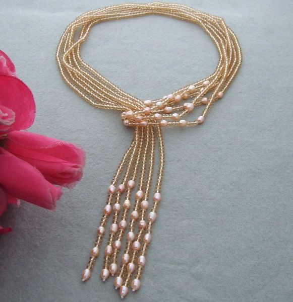 Collier noué main naturel 5-7mm perle de riz d'eau douce rose noir verre cristal jaune gris long 130 cm