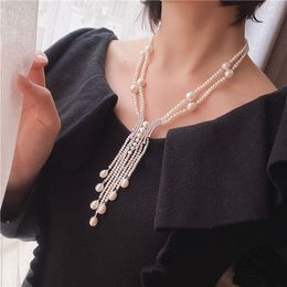 Chaîne de pull nouée à la main, perles d'eau douce blanches, micro incrustation de zircon, accessoires, collier long 50-53cm, bijoux à la mode