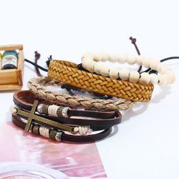 Handgemaakte Cross Charm Hout Kralen Armband Multilayer Lederen Armbanden Bangle Manchet Dames Mannen Mode-sieraden Will en Sandy Gift