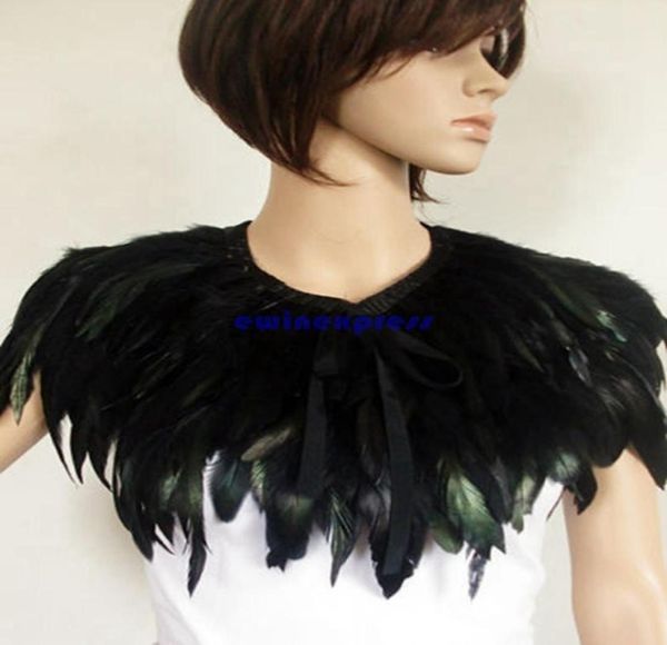 Capa de plumas hecha a mano, chal, bufanda, vestido de actuación, disfraz, Cosplay, negro, verde, para fiesta de Navidad y Halloween 2516589