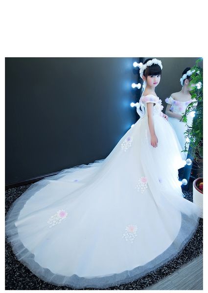 Fleurs faites à la main appliques robes de demoiselle d'honneur pour mariage longue avec train 2020 hors épaule tulle robe de soirée de remise des diplômes enfants tout-petits