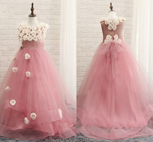 Fleurs faites à la main robe de bal robes de fille de fleur 2019 plis ceinture à plusieurs niveaux première robe de sainte communion filles robe de bal robe de concours enfant en bas âge