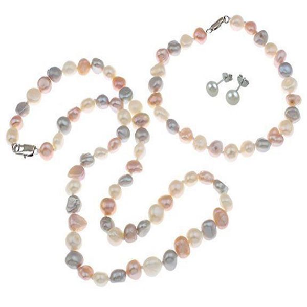 Handgemaakte natuurlijke mooie veelkleurige 7-8mm barokke zoetwaterparel ketting armband oorbellen sieraden set mode-sieraden280r