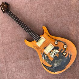 Smith Private Stock 2000 à la main avec un boîtier jaune flamme à flamme Maple Top Guitar Dragon Dragon Perle incrustée incrustée