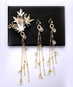 Conjuntos de joyería nupcial de oro vintage hechos a mano, horquillas de hojas de flores con pendientes largos de borla, accesorios de boda de playa campestre para mujer 6249621