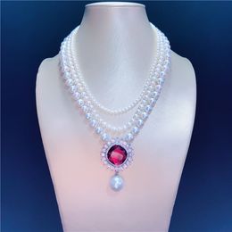 Hand ketting geknoopte natuurlijke meerlagige multilayer witte zoetwater parel rood zirkoon micro -inlay zirkoon accessoires mode sieraden