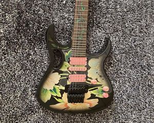 Peinture à la main 77 BFP3 motif de fleurs Steve Vai guitare électrique incrustation de vigne verte Floyd Rose Tremolo écrou de verrouillage matériel noir Pin1264275