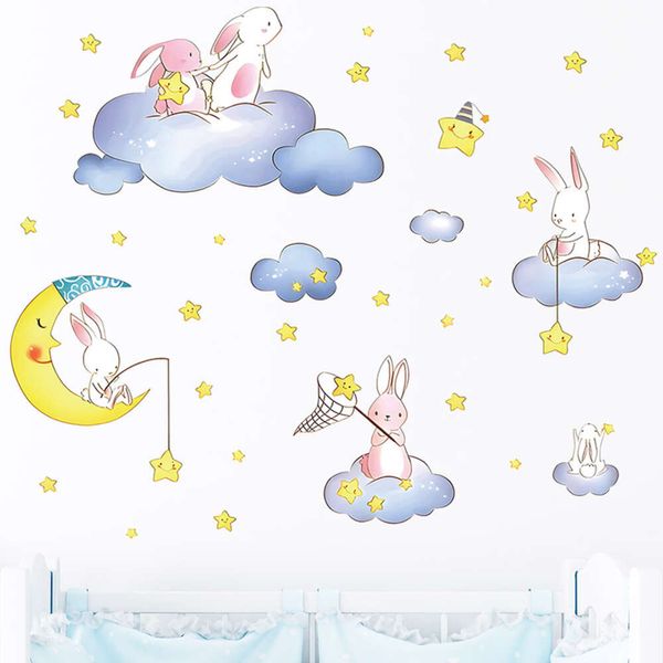 Peinture à la main dessin animé lapin lapins sur les nuages lune ciel Stickers muraux pour chambre d'enfants bébé chambre de bébé Stickers muraux décor à la maison Pvc