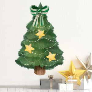 Arbre de pin de noël peint à la main avec étoiles dorées, autocollants muraux avec nœud papillon, pour salon, chambre à coucher, autocollants décoratifs pour la maison, DIY bricolage