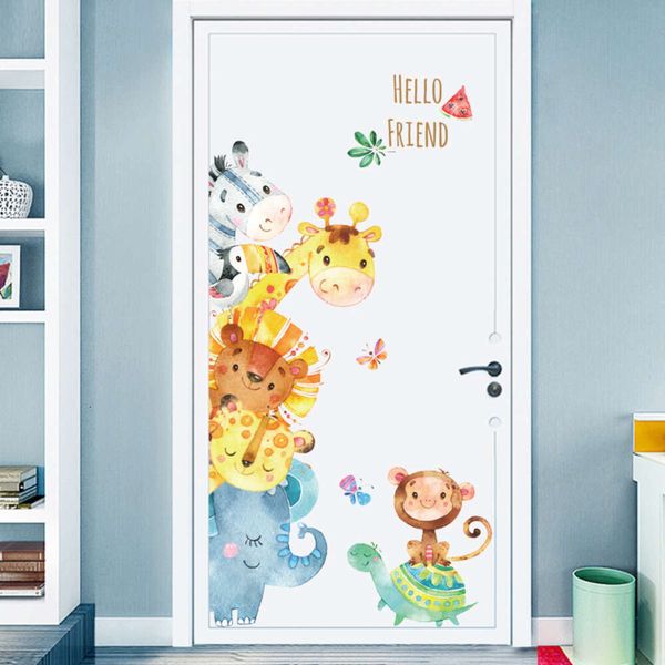 Pegatinas de puerta de dibujos animados de estilo pintado a mano, pegatinas de pared de animales para niños, pegatinas decorativas de diseño Roomart, calcomanías de pared, decoración del hogar