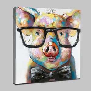 Handgeschilderde samenvatting Glassess Pig Olieverfschilderij op canvas Home Decor Wall Art Animal Artwork voor Dinning Room Geen frames