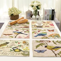 Tapis de Table imprimé d'oiseaux peints à la main, série d'animaux de Style Pastoral, tissu en coton et lin, isolation thermique, coussin alimentaire occidental