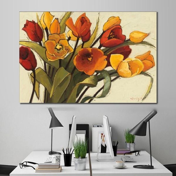 Lienzo pintado a mano, pintura al óleo, pinturas de flores abstractas, obra de arte de flores de tiempo de tulipán para decoración para las paredes del salón 286J