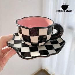 Tasses en céramique peintes à la main échiquier personnalisé conception originale tasse à café soucoupe pour thé lait cadeaux créatifs poignée Drinkware 2248R