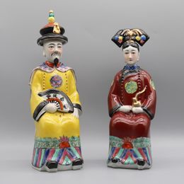 Handbemalte Keramikstatuen des chinesischen Kaisers und der Kaiserin in der Qing-Dynastie, Hochzeitsgeschenk, Heimdekoration