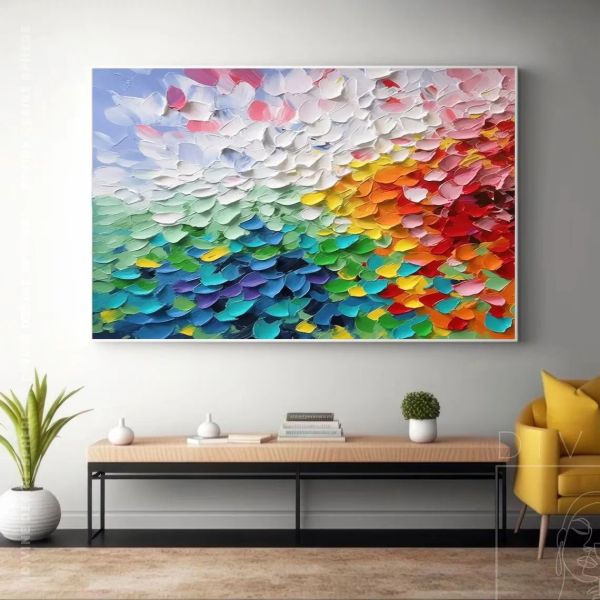 Pintura al óleo de pétalos de colores pintada a mano sobre lienzo, arte de pared 3D colorido grande, arte de lienzo con textura floral, regalos para calentar la casa