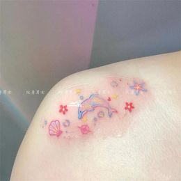 Pegatinas de tatuaje de ballena coloridas pintadas a mano, tatuaje duradero resistente al agua, tatuajes temporales bonitos japoneses, tatuaje de brazo de clavícula Sexy