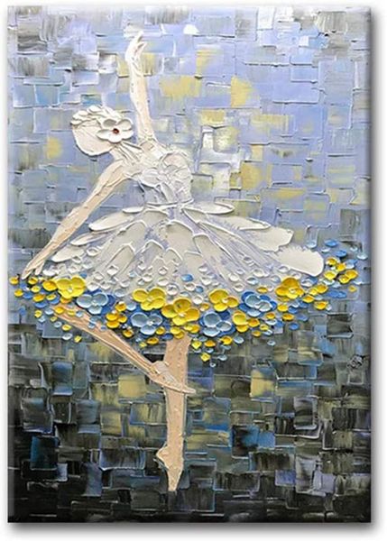 Pintado a mano Contemporáneo Arte de Ballet Bailarines Pinturas al óleo para Estudio, Sala de baile, Obras de arte de lona abstracta grueso texturado, sin marco