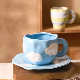 Handgeschilderde bloem keramische koffiekopje thuiskantoor mok met schotel ontbijt melksap thee handvat beker cadeau drinkgerei set 240222
